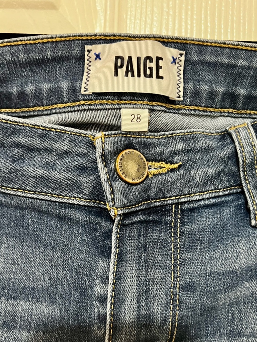 PAIGE 28 Denim Jean Shorts in Mid Blue Wash